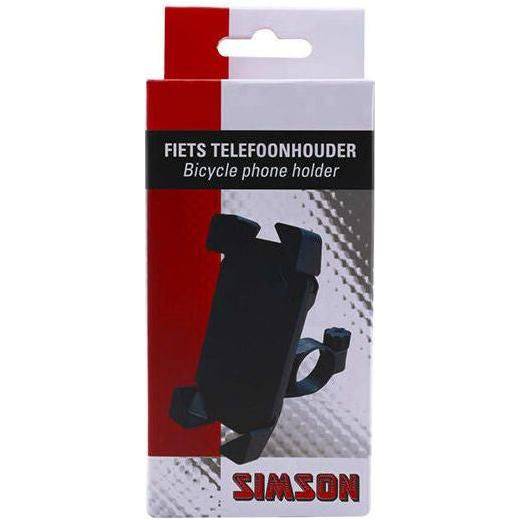 Fiets telefoonhouder van Simson op stuur, geschikt voor het veilig vasthouden van je smartphone tijdens het fietsen.