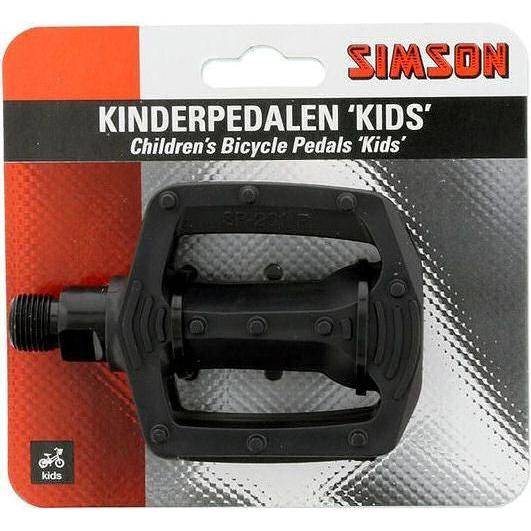 Simson kinderfiets pedalen voor kinderen, zwarte kunststof pedalen met antislip voor veilig fietsen.