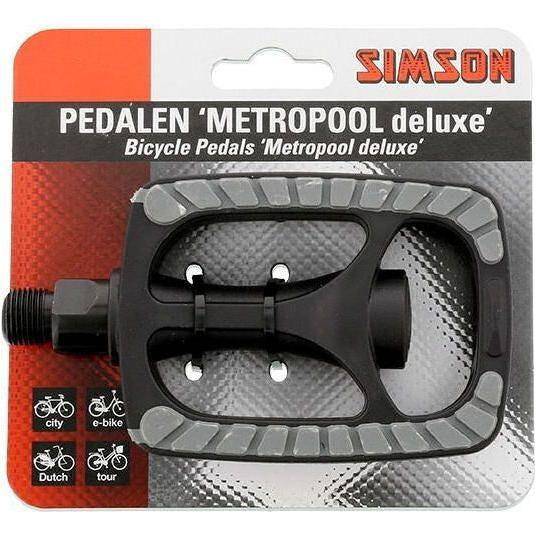 Simson Metropool Deluxe trappers voor stadsfiets en elektrische fiets, zichtbaar metaal en zwart design, geschikt voor Simson modellen