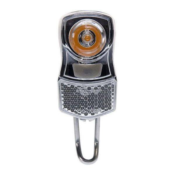 Simson koplamp voor voorvork met led-verlichting en batterijen, zwart en compact ontwerp voor fietsen.