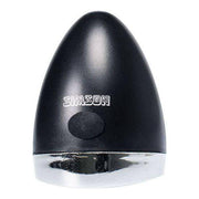Zwarte Simson koplamp voorvork 'Classic Mini' op een motorfiets, duidelijke close-up van het verlichtingsonderdeel.