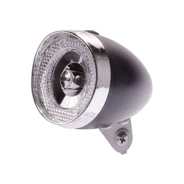 Zwarte Simson koplamp voorvork voor Classic Mini motorfiets, zichtbaar op de afbeelding.