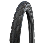 Zwarte Schwalbe 28" Marathon Efficiency ADDIX Race V-Guard vouwband stadsfietsband, zichtbare profiel en zijwand in afbeelding.