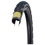 Zwarte Schwalbe 28-inch Marathon Efficiency Vouwband met ADDIX Race en V-Guard voor stadsfiets, zichtbaar op de band.