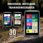 Sigma Rox 12.1 Evo fietsnavigatie set met sensoren, donkergrijs, overzichtelijke schermweergave en bedieningsknoppen.