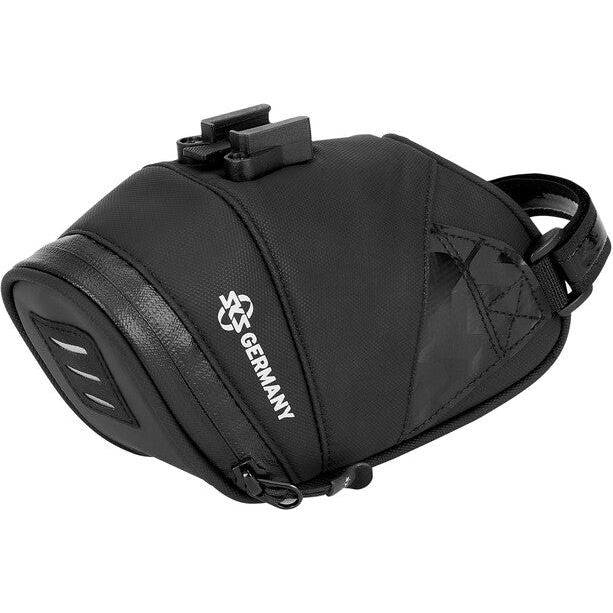 Zwarte SKS Explorer Click 800 zadeltas van 0,8 liter, waterafstotend, bevestigd aan fiets, compacte en praktische waterdichte tas