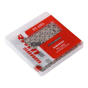 Zilveren Sram PC1051 ketting voor 10-speed fietsen, 11/128 inch, met 114 schakels, zichtbaar op afbeelding.