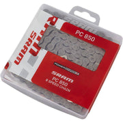 Zilveren Sram PC850 8-speed ketting met 114 schakels, geschikt voor fiets met 8 versnellingen, scherp en duurzaam.