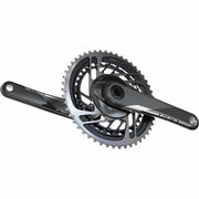 Sram Red E1 Dub 12V racefietscrankstel met powermeter, zwart en zilverkleurig, zichtbaar op de afbeelding.