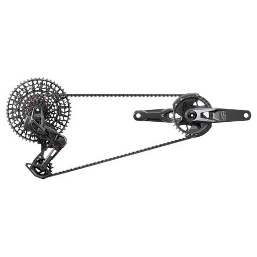 Sram X0 Eagle T AXS groepset voor mountainbikes, inclusief elektronische schakeling en componenten, zichtbaar op de afbeelding.