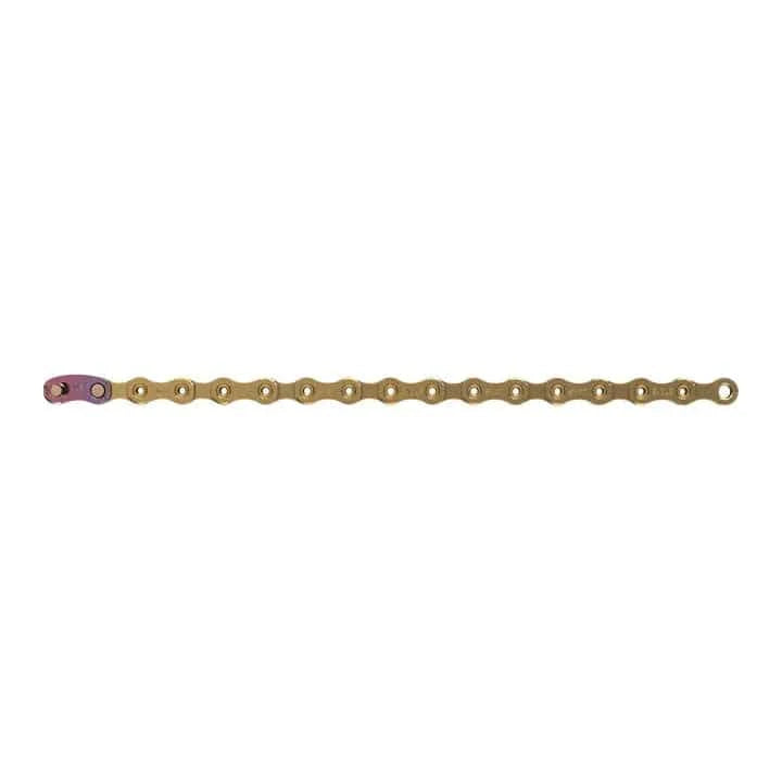 Sram PCXX1 12-speed ketting voor mountainbikes, 11/128 HollowPin 126 schakels, goudkleurige fietsketting op afbeelding
