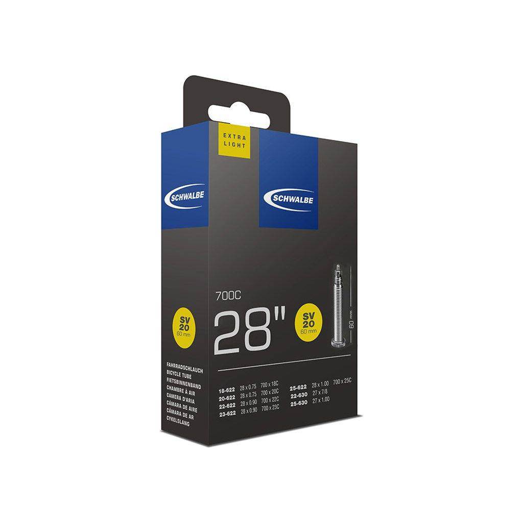Binnenband 28 inch van Schwalbe SV20 Extra Light voor racefietsen, lichte en duurzame binnenband voor hoge prestaties.