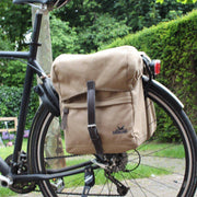 Groenelands dubbele fietstas van 40 liter met camel en jeans design, geschikt voor bagage en fietstochten.