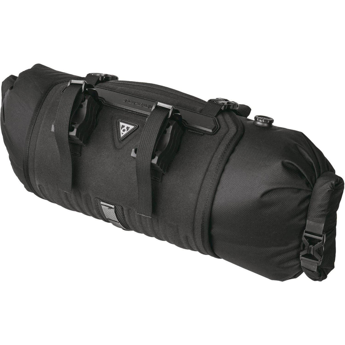 Zwarte Topeak Frontloader 8L bikepackingtas voor fietsreis, met verstelbare bevestigingsriemen en waterbestendige stof.