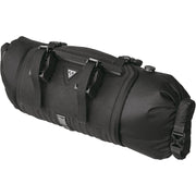 Zwarte Topeak Frontloader 8L bikepackingtas voor fietsreis, met verstelbare bevestigingsriemen en waterbestendige stof.