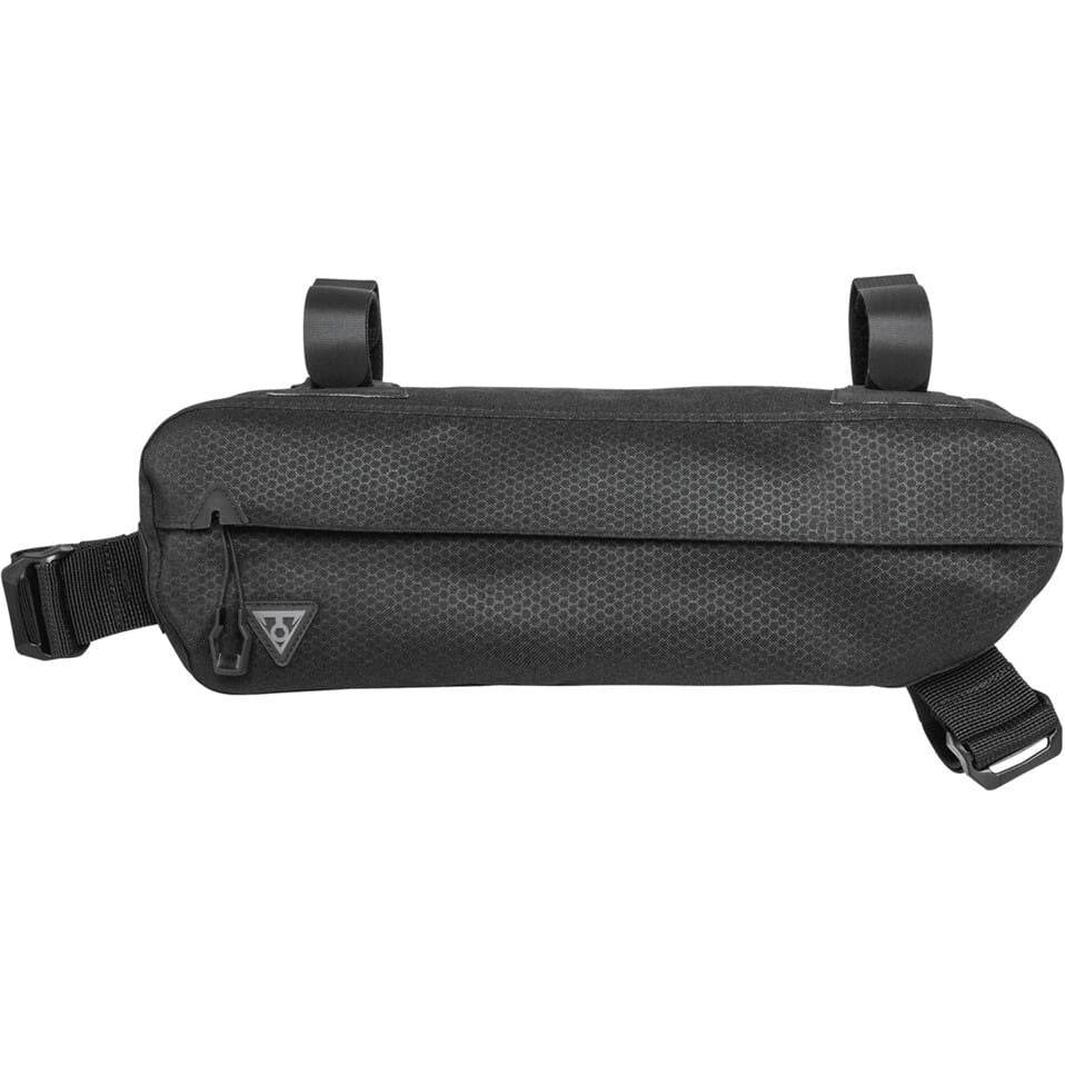 Zwarte Topeak Midloader frametas voor fiets, stevig en waterbestendig, bevestigd aan het frame voor extra opbergruimte.