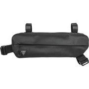 Zwarte Topeak Midloader frametas voor fiets, stevig en waterbestendig, bevestigd aan het frame voor extra opbergruimte.