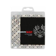 Zilveren Sram PCX01 12-speed ketting met 126 schakels en hollow pin constructie, geschikt voor fiets met 11/128 draad.