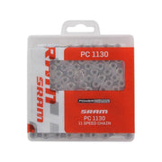Zilveren Sram PC1130 11-speed ketting met 114 schakels, hollow pin ontwerp voor racefietsen en mountainbikes.