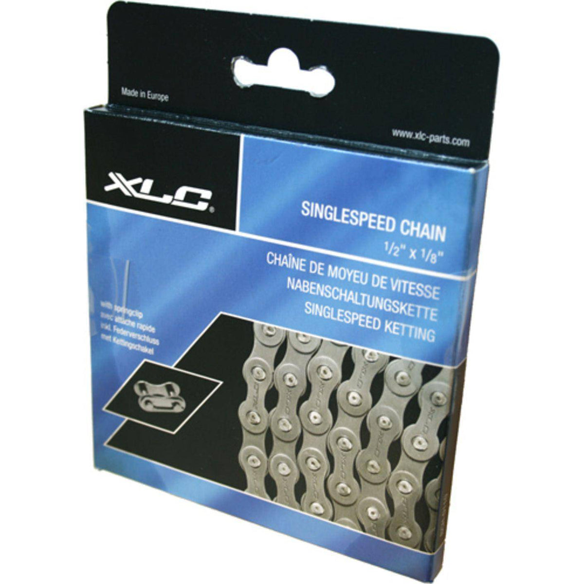 Bruine XLC ketting CC-H01 1V 1/8 voor single speed fiets, 112 schakels, zichtbaar met schakels en tandwiel.