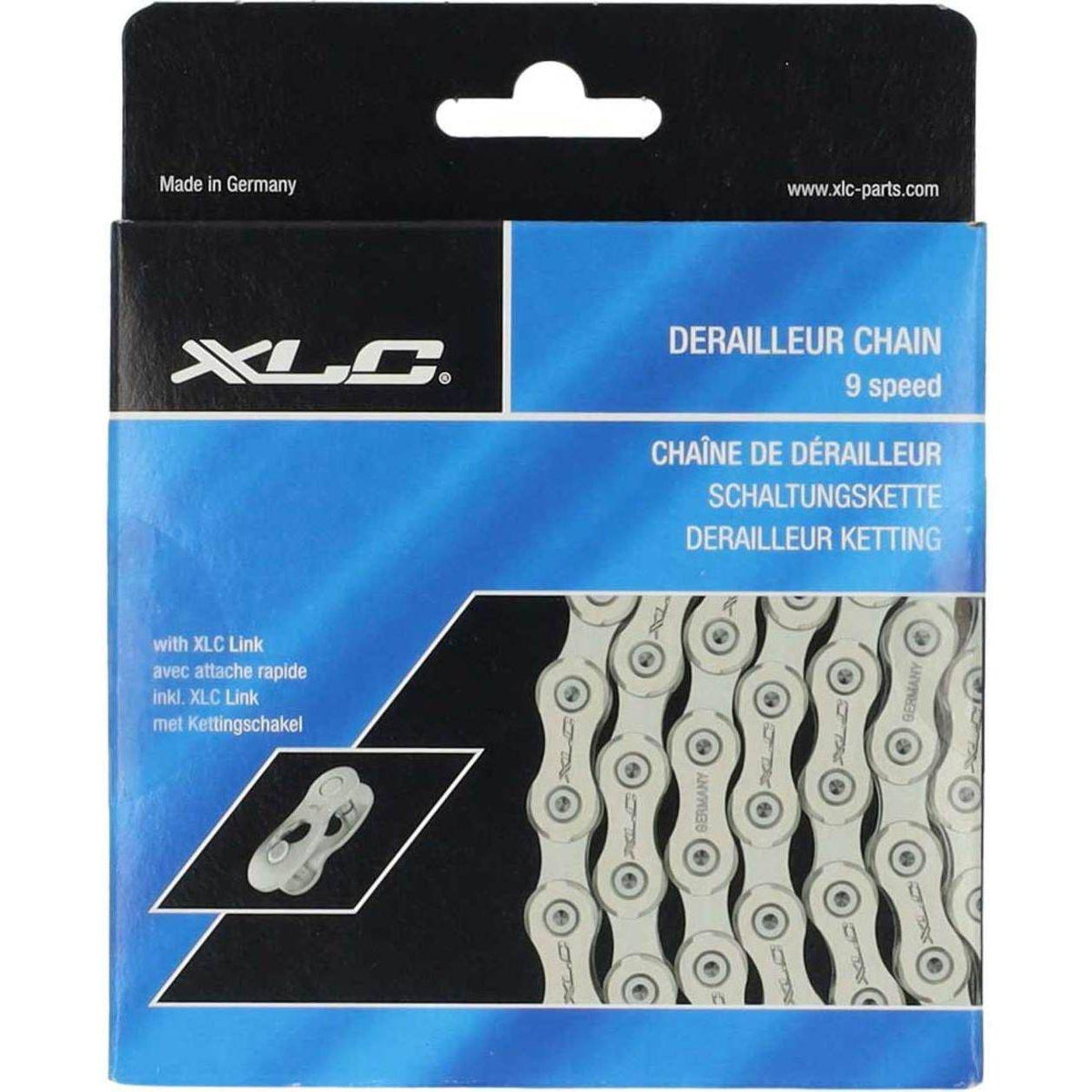 Zilveren XLC CC-C02 9V ketting met 114 schakels voor fiets, duidelijk zichtbaar op de afbeelding