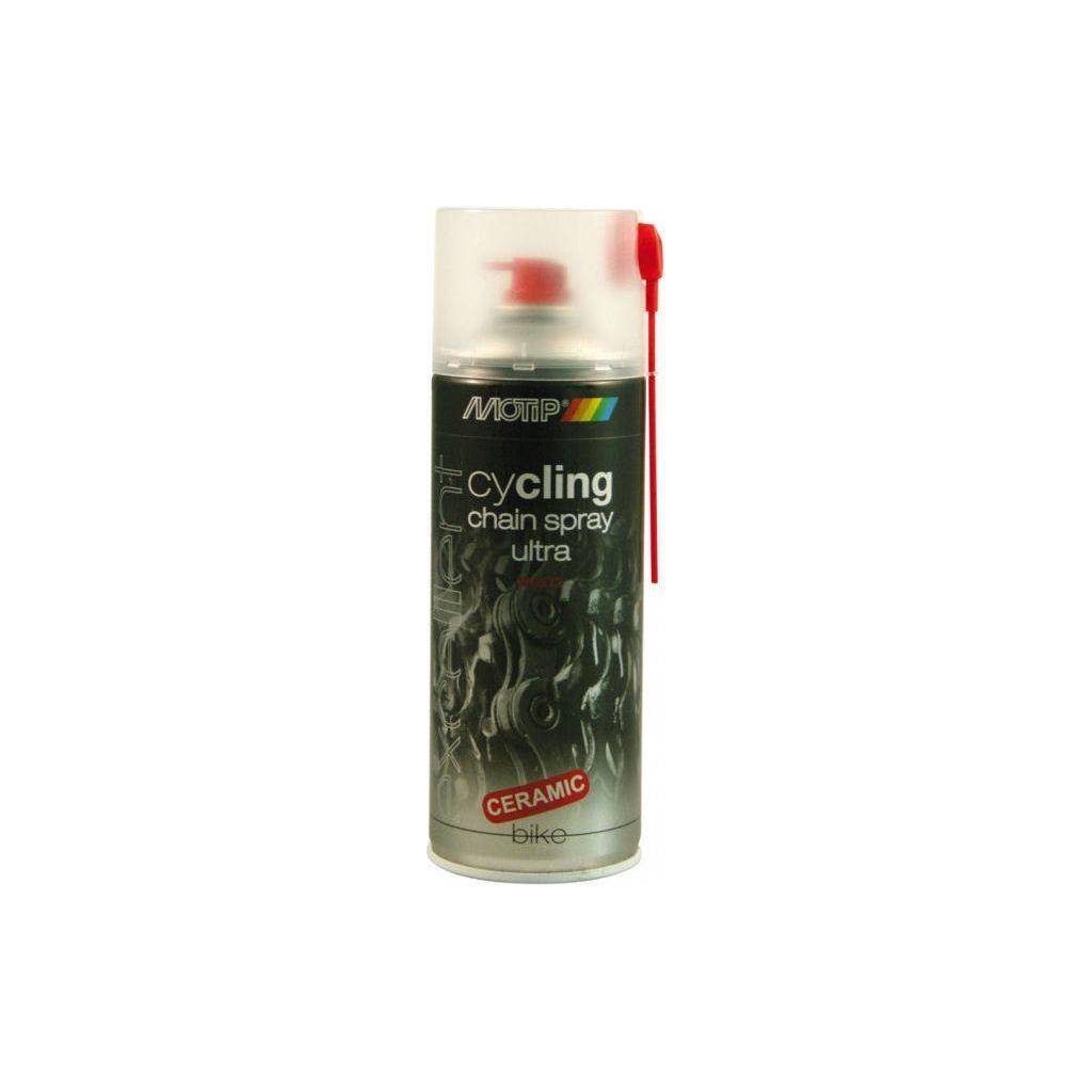 Motip Cycling Kettingspray Ultra 400ml, smeermiddel voor fietskettingen, zichtbaar in sprayfles met label en spuitopening