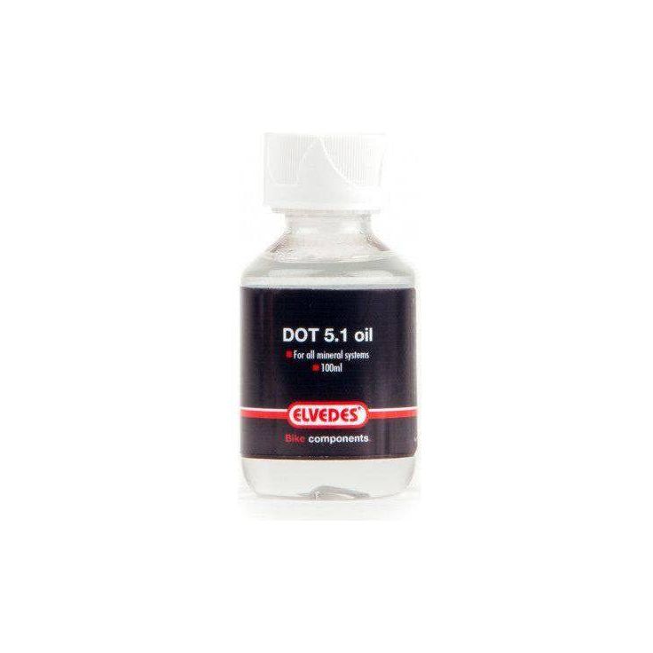 Elvedes Dot 5.1 universeel remvloeistof in 100 ml fles, geschikt voor hydraulische remsystemen op fietsen.