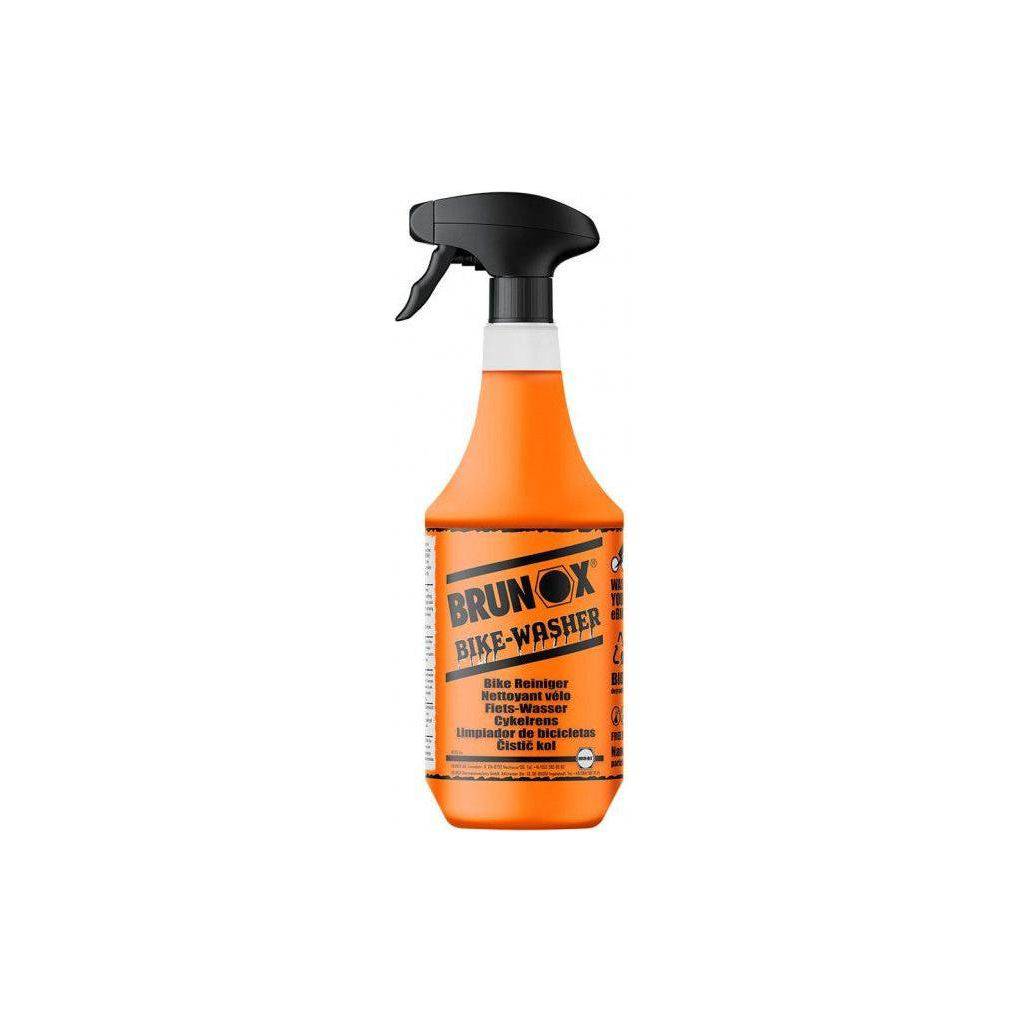 Brunox Bike Washer 1 liter, poetsmiddel voor het schoonmaken van fietsen, in een groene fles met een spuitdop.