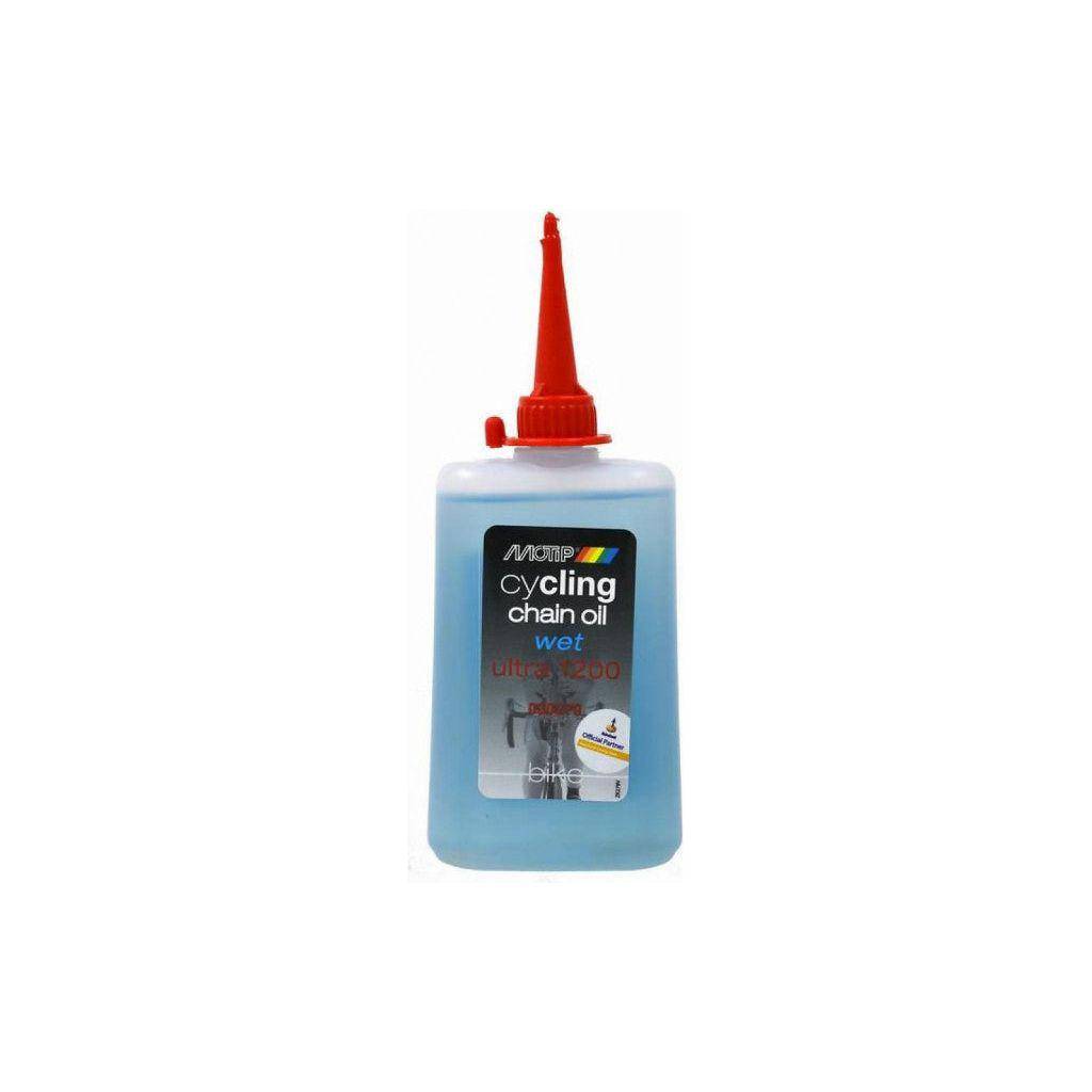 Motip Cycling Ultra 1200 kettingolie in 100ml, natte smeermiddel voor fietskettingen, zichtbaar in de afbeelding.