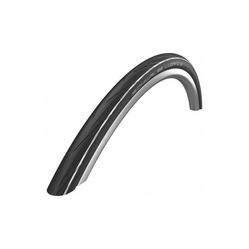 Schwalbe Lugano 2 K-Guard racefiets band met zwarte rubber en profiel, geschikt voor wielrennen en weggebruik.