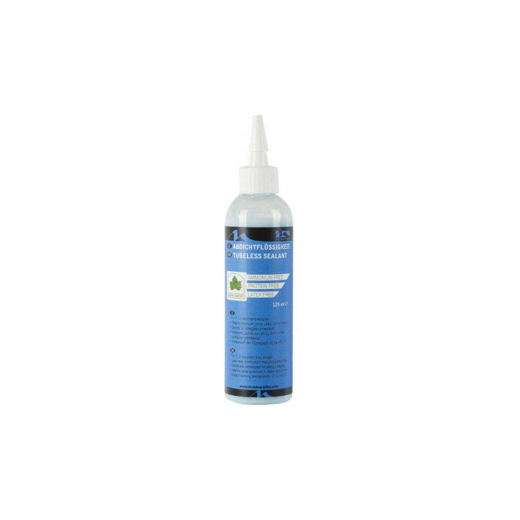 M-Wave tubeless sealant in hervulbaar flesje van 125 ml voor fietsbanden, zichtbaar in het productbeeld.