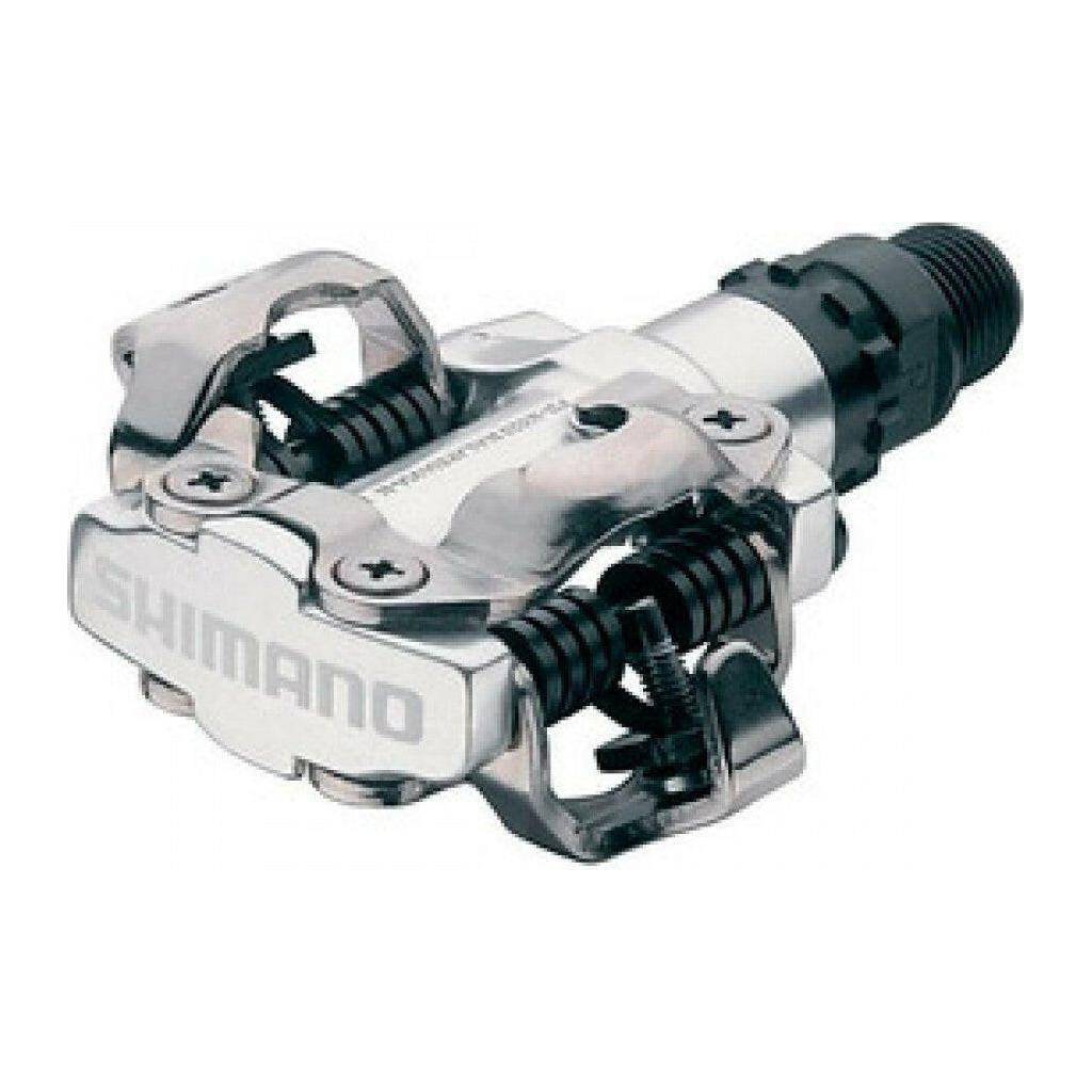 Shimano M520 MTB pedalen met SPD-koppeling en SM-SH51 cleats voor off-road fietsen, zwart en robuust.