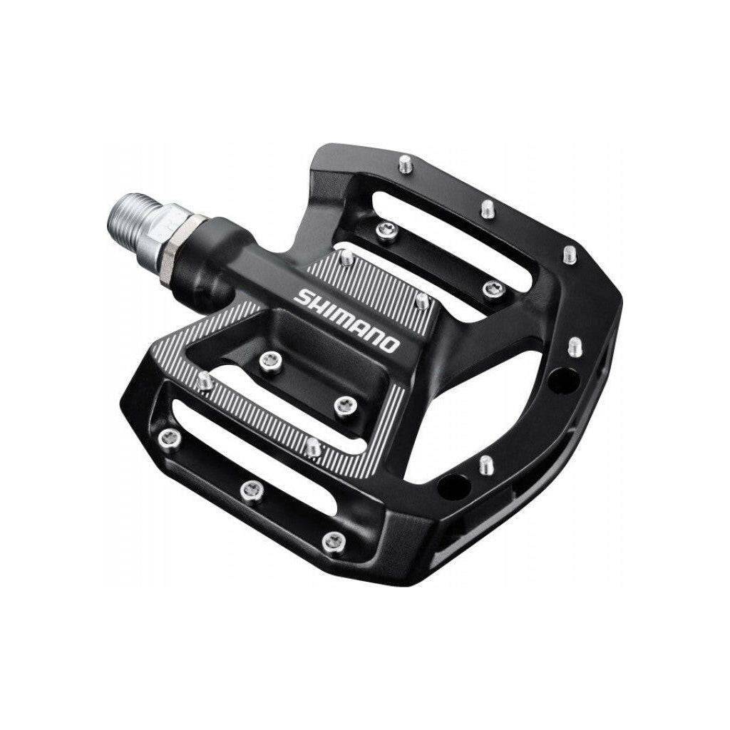 Zwarte Shimano MTB PD-GR500 platform pedalen met antislipopper voor mountainbiken, stevig en duurzaam ontwerp.