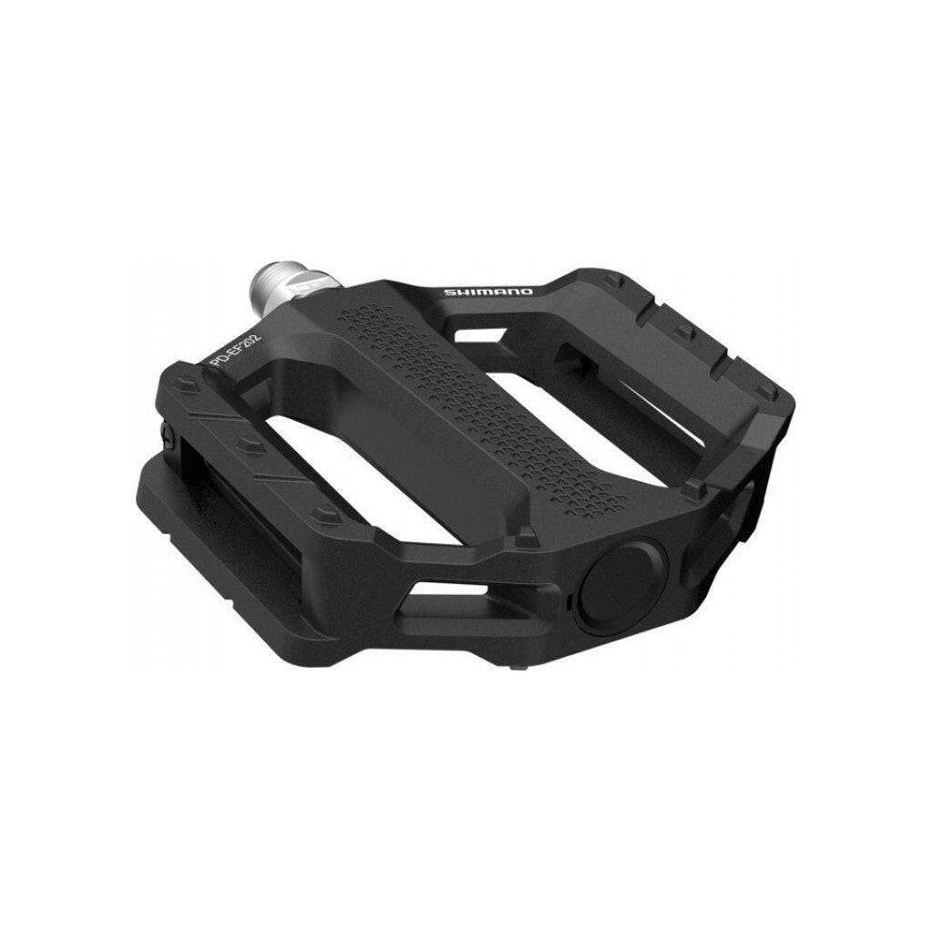 Shimano PD-EF202 MTB platte pedalen van aluminium, breed en duurzaam voor mountainbiken, zichtbaar op de afbeelding.