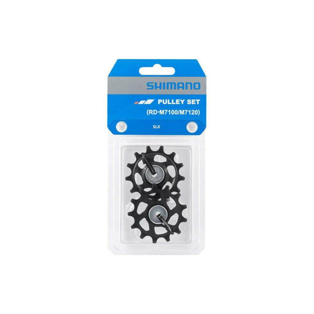 Shimano RD-M7100 derailleurwieltjes set voor 12-speed racefiets, close-up van de wieltjes op de fiets.