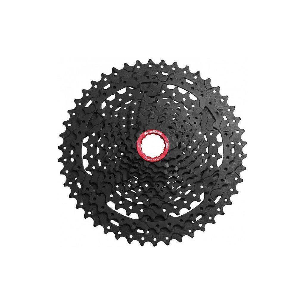 Sunrace CSMX9X cassette voor Sram XD-Driver, 11-speed, zwart, met tandwielen voor racefietsen en mountainbikes.