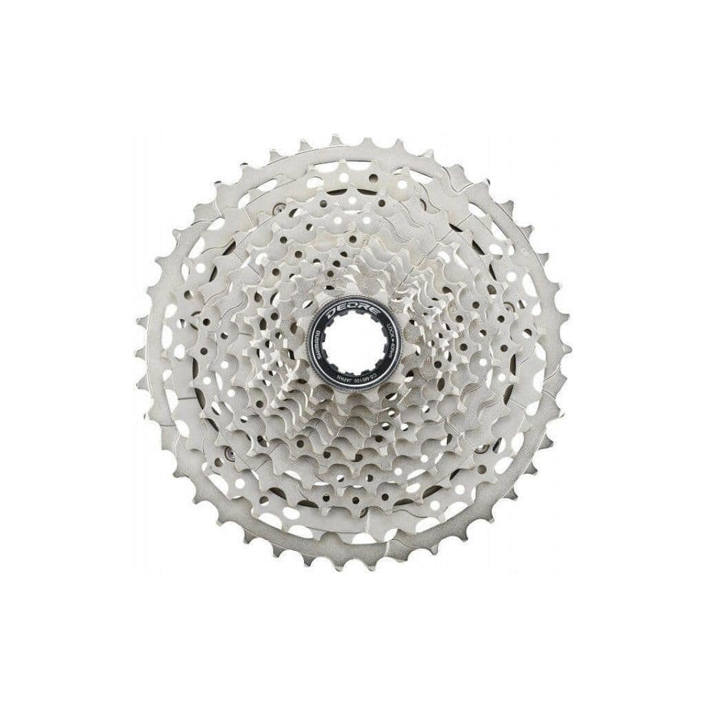 Shimano Deore M5100 11-speed Hyperglide cassette voor mountainbike, zichtbaar op de afbeelding.