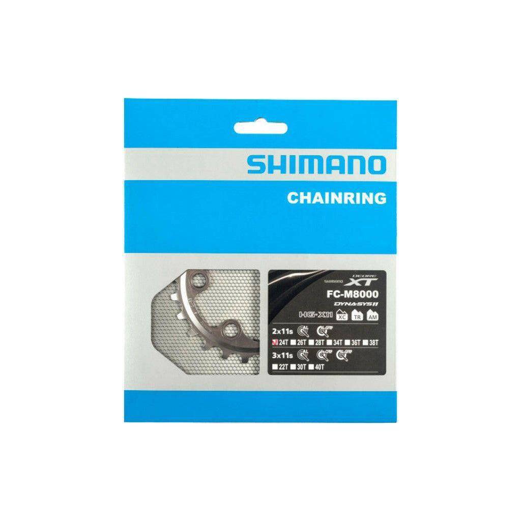 Shimano Deore XT FC-M8000 kettingblad 4-arm 2x11 versnellingen, close-up van het fietskettingblad met ketting.