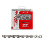 Zilveren Sram PC1130 11-speed ketting met 114 schakels en hollow pin voor racefiets en mountainbike, zichtbaar op de afbeelding.