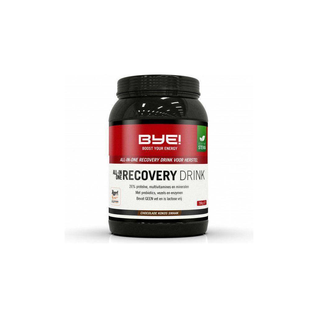 BYE! All-In-One Recoverydrank chocolade in 750 gram verpakking, zichtbaar in een stijlvolle beker op een witte achtergrond.