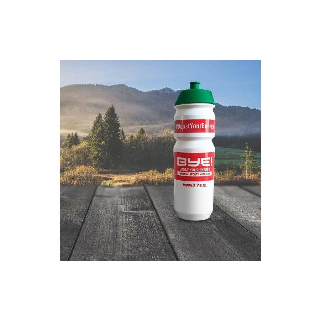 Een blauwe BYE! bidon van 750 ml met een afsluitbaar deksel, geschikt voor drinken onderweg.