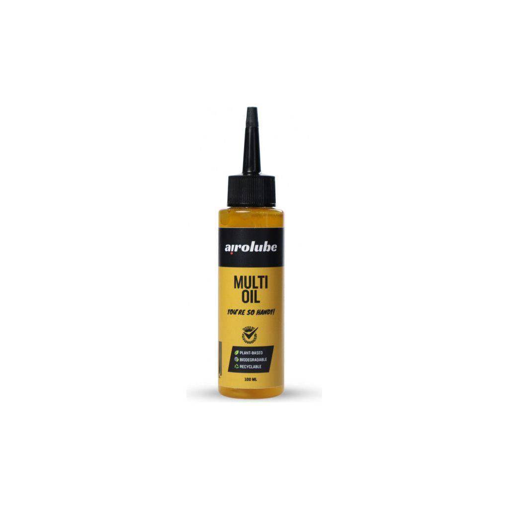 Airolube Multioil 100 ml plantaardig smeermiddel in een glazen fles met doseerdop, geschikt voor diverse toepassingen.