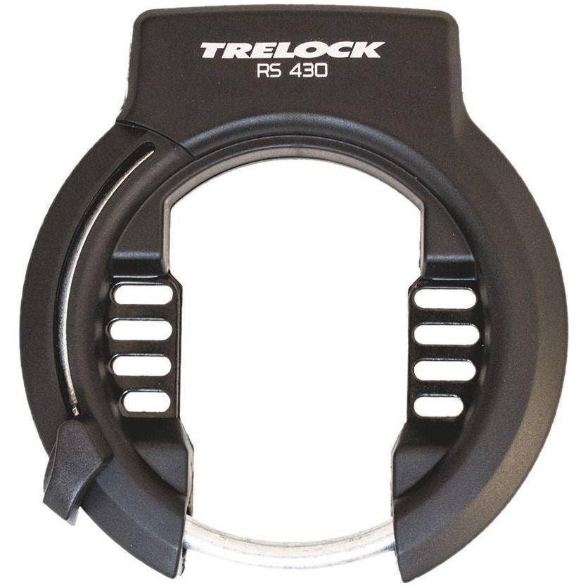 Zwarte Trelock ringslot RS430 met uitneembare sleutel, zichtbaar in close-up met slotmechanisme en bevestigingsketting.