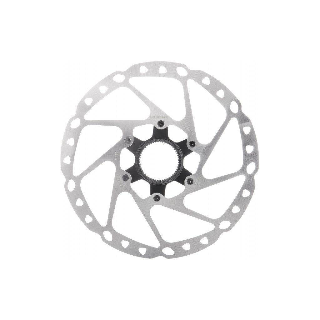 Shimano Deore SM-RT64 remschijf Center Lock, fietsonderdeel met aerodynamisch ontwerp en ventilatiegaten, voor mountainbikes en cyclocross.
