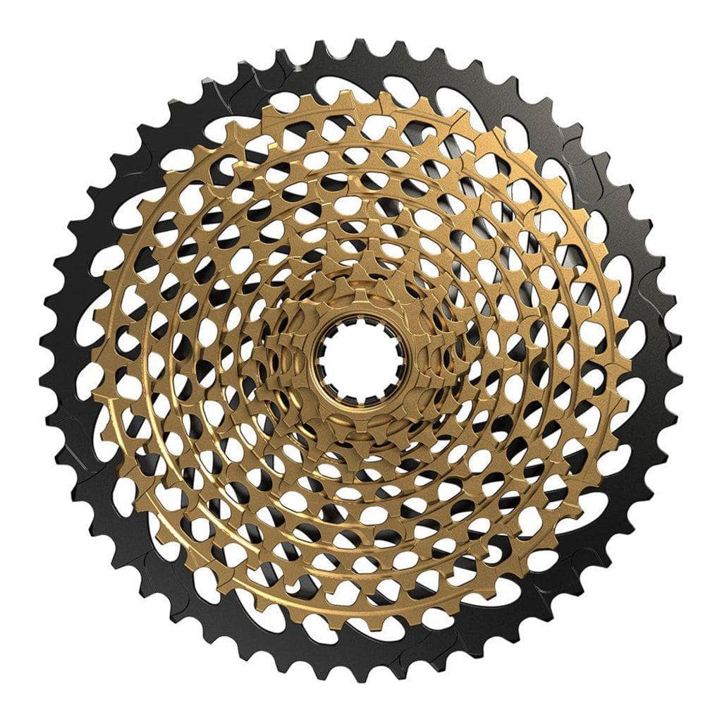 Sram Xg1299 12-speed cassette met 10-50T voor mountainbike, zichtbaar met tandwielen en snelwisselsysteem