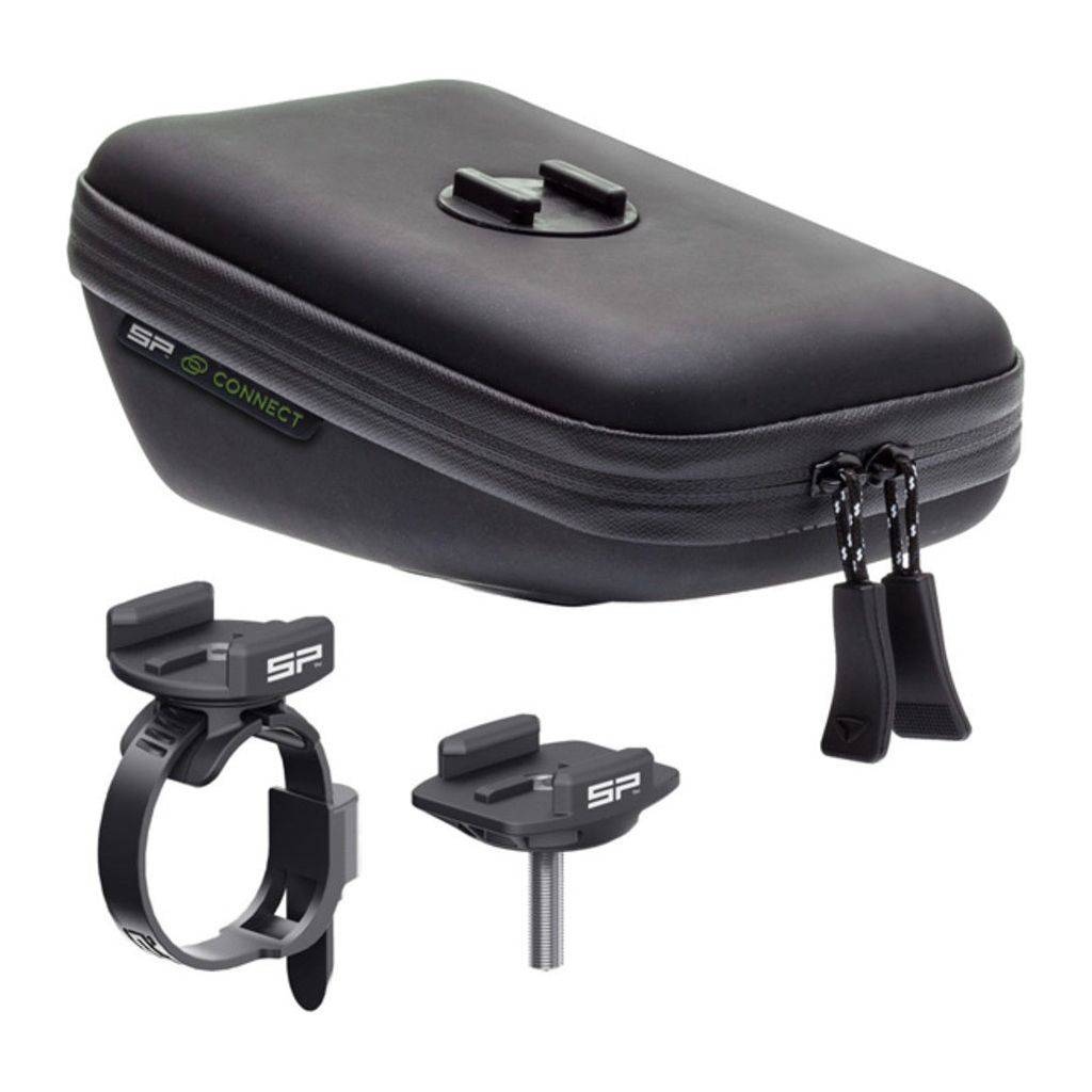 Fietsstuur met SP Connect Wedge Case voor stuurtassen, zwart en stevig bevestigd op het stuur van een fiets.