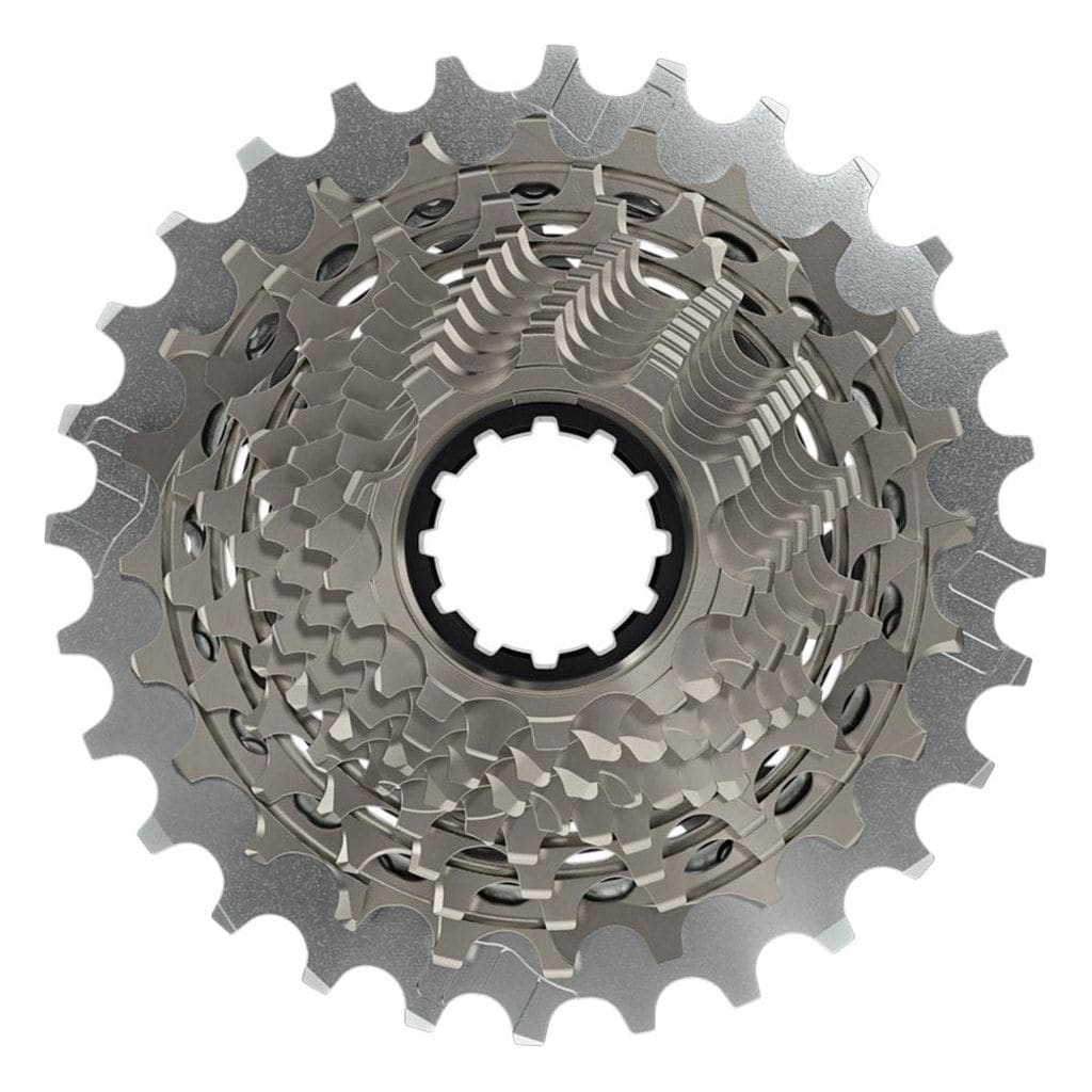 Sram Xg1290 D1 12-speed cassette met 10-28T tandwielen, zilver, geschikt voor fiets, zichtbaar in close-up.
