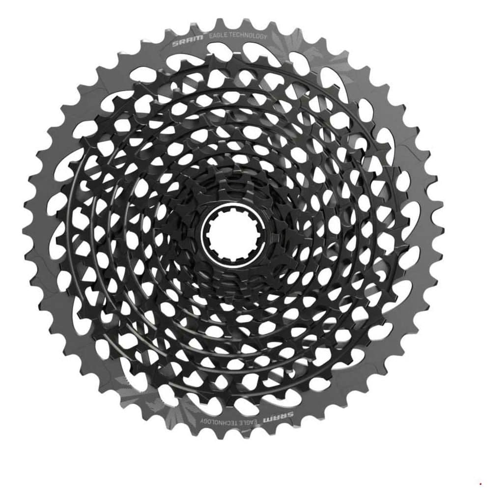Sram Xg1295 12-speed cassette met 10-50T tanden in polar grey, zichtbaar op de afbeelding.