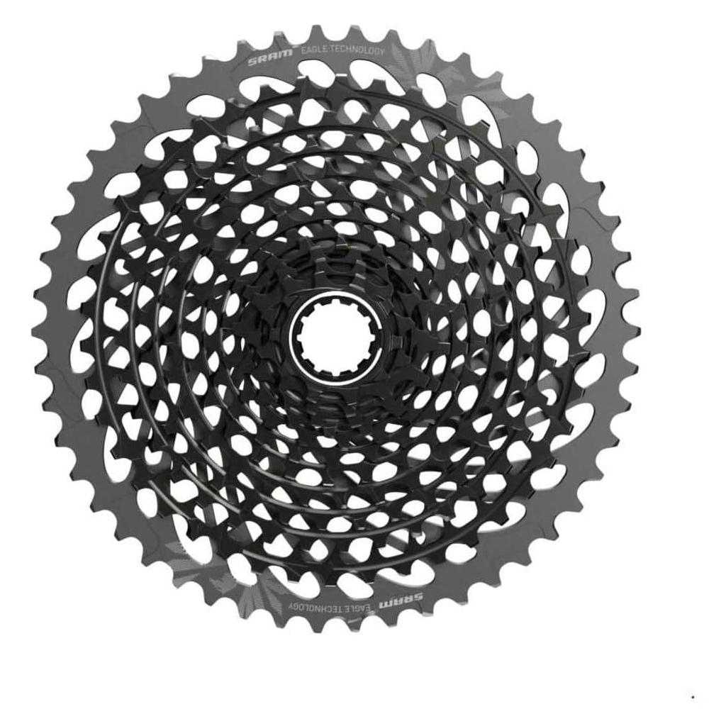 Zwarte SRAM XG1295 12-speed cassette met 10-52T tandwielen, geschikt voor mountainbikes en racefietsen.