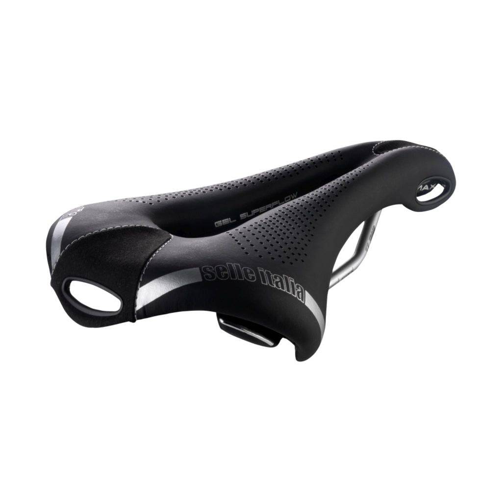 Zwart Selle Italia Max Flite Gel Superflow racefiets en MTB zadel met titanium rails, comfortabel en lichtgewicht, geschikt voor wielrennen.